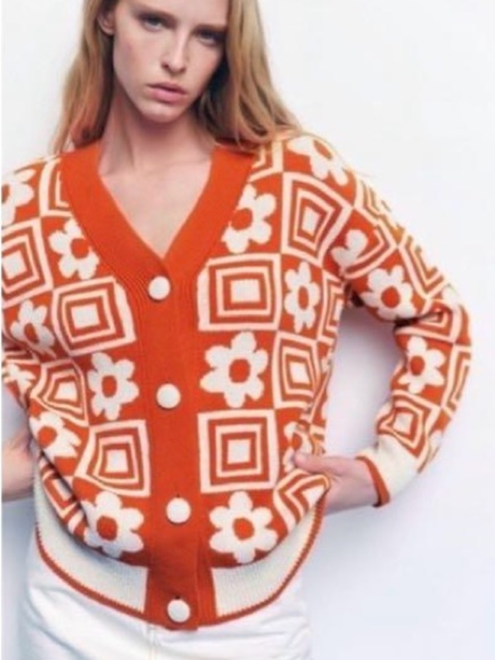 Zara Orange Floral Geometric V-Neck Button Cardigan Sweater